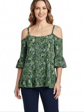 Michael Kors Women's Paisley Cold Shoulder Ruffle Blouse Green Navy Medium